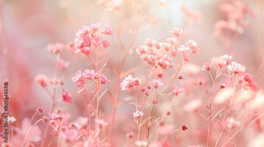 A field of pink flowers with a soft, pastel color palette