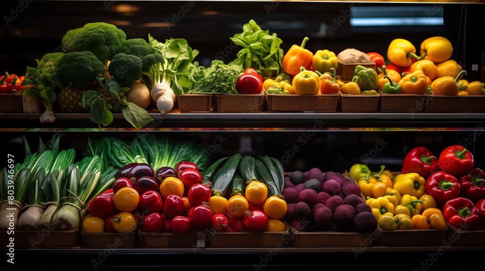Various fresh Fruits and Vegetables on Shelf at Supermarket Fresh and Healthy Food Concept AI Generated Various fresh Fruits and Vegetables on Shelf at Supermarket Fresh and Healthy Food Concept AI Generated