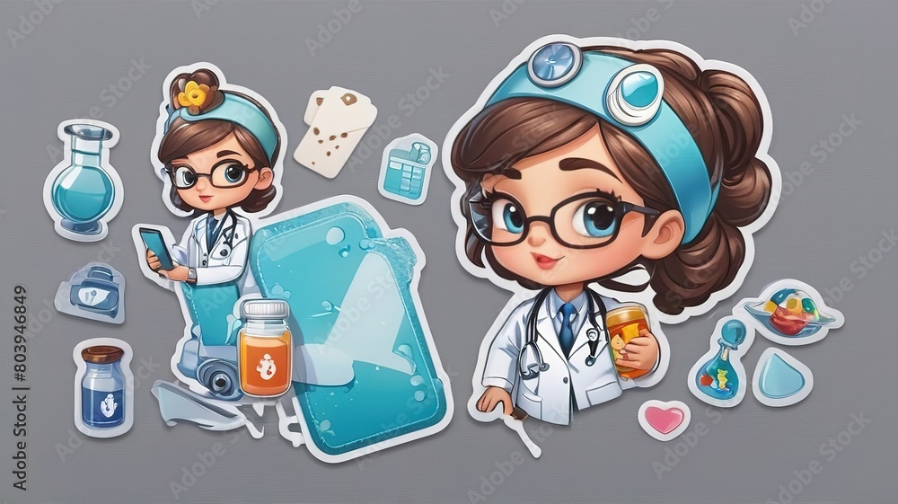 Cartoon stickers of female doctors. Set in uniform. Cartoon stickers of female doctors. Set in uniform.