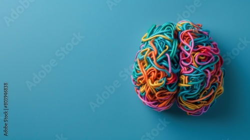 A human brain depicted with multi-colored tangled threads against a blue background. This banner with copy space symbolizes neurodiversity and mental health challenges.