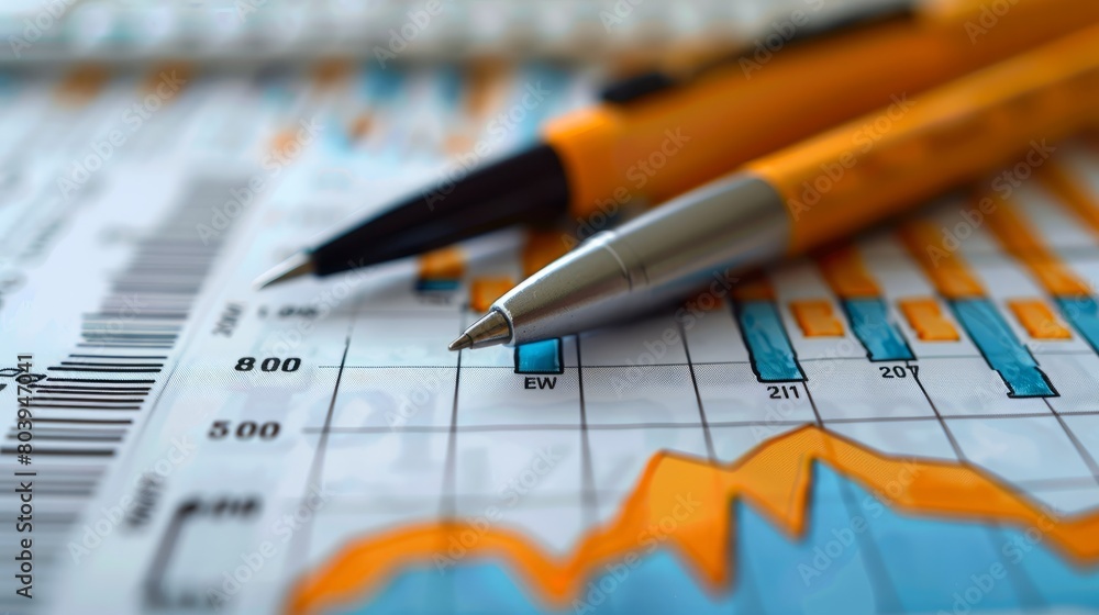 Two pens on a financial graph Two pens on a financial graph