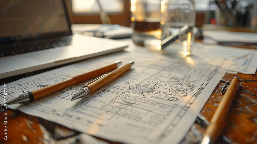 An architect's desk with blueprints, a laptop, and a glass of whiskey. An architect's desk with blueprints, a laptop, and a glass of whiskey.