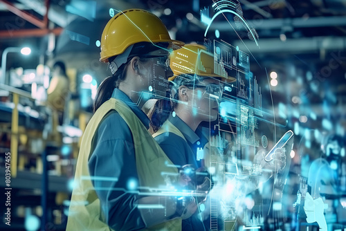 Futuristic technology concept: Team of engineers and professional Workers in heavy industry manufacturing factory that is digitalized with graphics into digital twin of industry photo