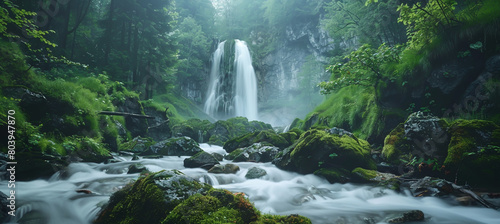 beautiful waterfall in the forest  mossy rocks and green grass  long exposure