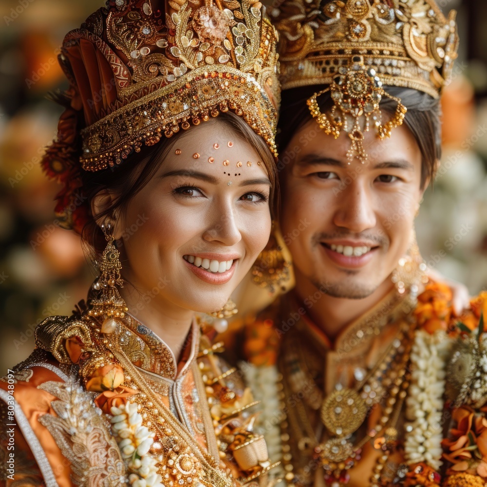 Indonesian couples get married wearing traditional tribal clothes, the bride and groom in floral knitted clothes look handsome and beautiful