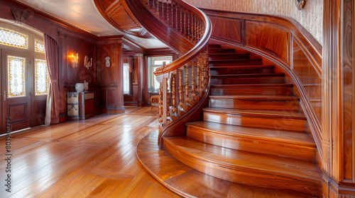 An elegant spiral staircase made of polished wood  curving gracefully inside a luxurious mansion.