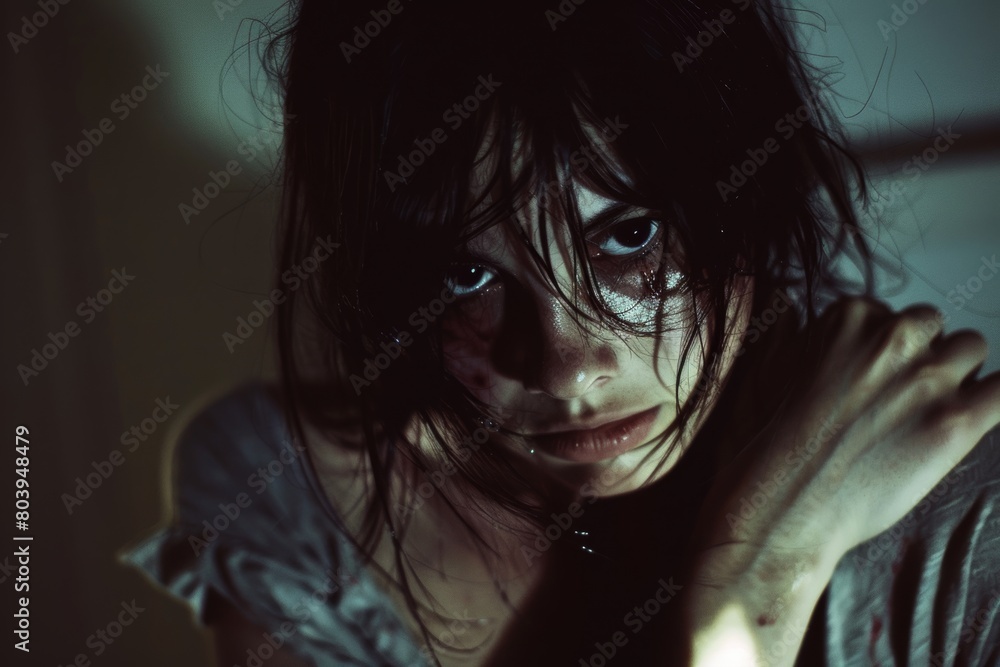 A woman in despair, isolated at home, reflecting domestic abuse. A woman in despair, isolated at home, reflecting domestic abuse.
