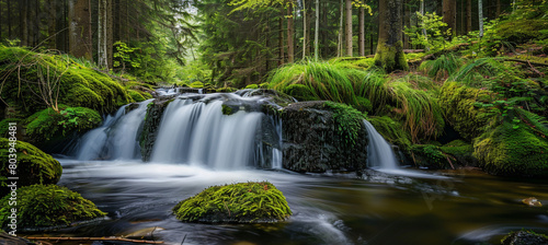 beautiful waterfall in the forest, mossy rocks and green grass