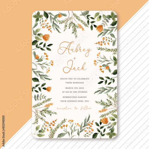 wedding invitation with yellow green floral watercolor frame