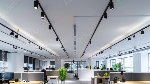 An open-plan office space with a seamless white ceiling, dotted with black track lighting that casts sharp, direct light onto collaborative areas and individual desks.