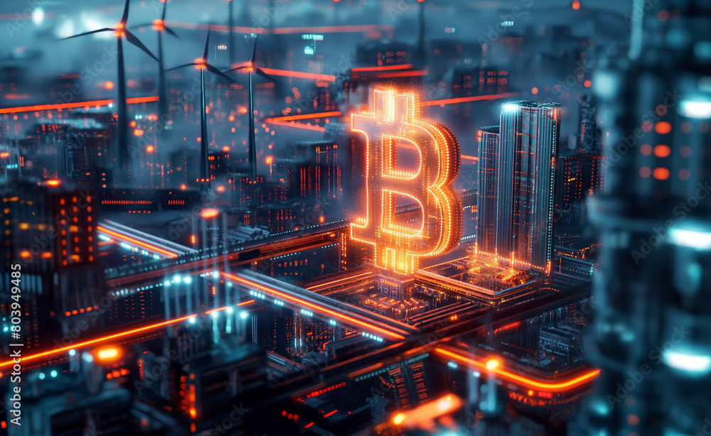 Fototapeta premium Future Economy: Digital Currency and Renewable Energy in a High-Tech Cityscape