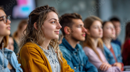 A group of students sitting in a classroom during a lesson or lecture. Education at school or university. Process of learning and education. Teenagers in class