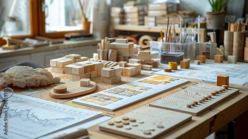 An organized desk with a variety of wooden objects, including blocks, shapes, and puzzles, along with some papers and other supplies.