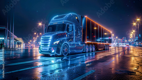 Truck on the road in night. Modern electric futuristic unmanned truck smart electric car. Logistics and cargo transportation concept photo