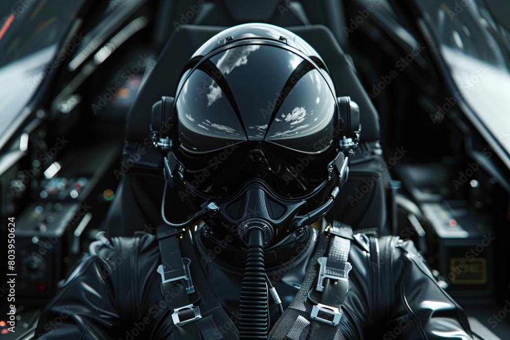 Mysterious pilot F-16 in a black helmet sitting in a futuristic aircraft cockpit. Mysterious pilot F-16 in a black helmet sitting in a futuristic aircraft cockpit.