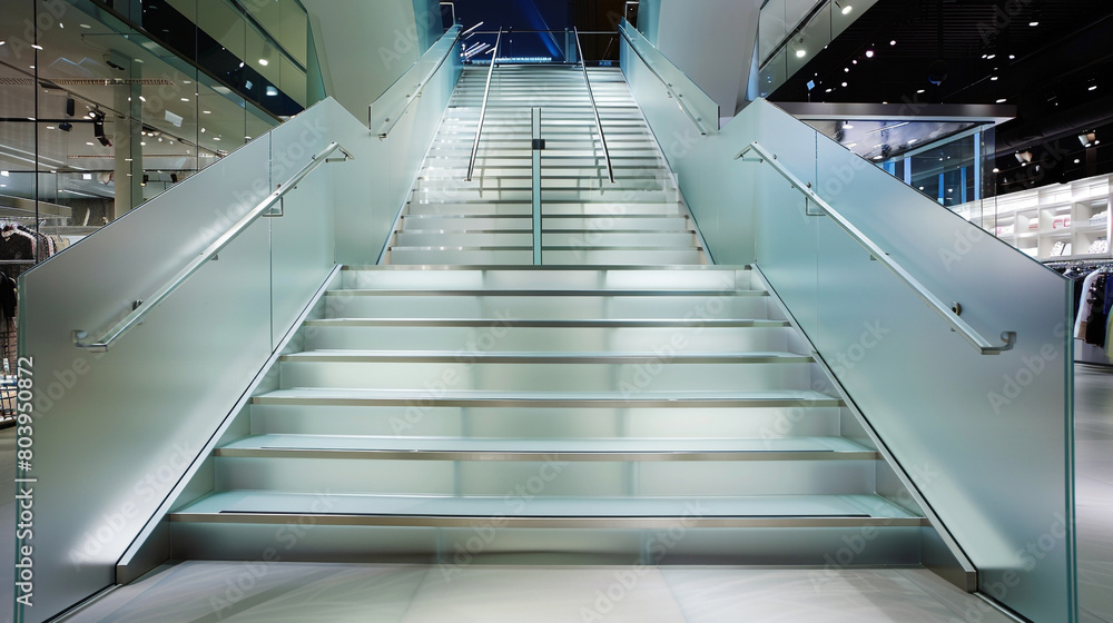 A contemporary staircase with frosted glass panels and sleek metal handrails, in a high-end fashion store. A contemporary staircase with frosted glass panels and sleek metal handrails, in a high-end fashion store.