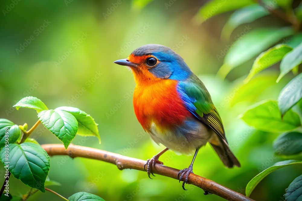 a tiny finch on a branch with leaves on background created with generative AI technology a tiny finch on a branch with leaves on background created with generative AI technology