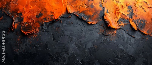 Rough textured brushstrokes in shades of burnt orange and rust against a smooth black backdrop