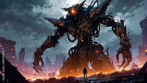 Character design Large mechanical characters, manga style, ruined city scenes.
