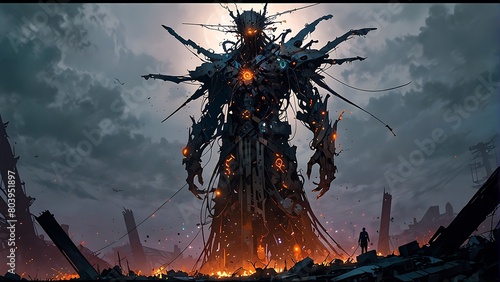 Character design Large mechanical characters, manga style, ruined city scenes.
