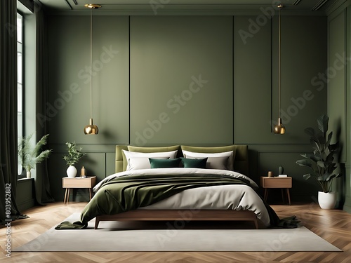  Modern rich luxury bedroom with lime olive color bed velor and khaki dark green painting wall. Minimalist interior design home or hotel. Empty mockup wall for art. wood parquet details. 3d render  photo