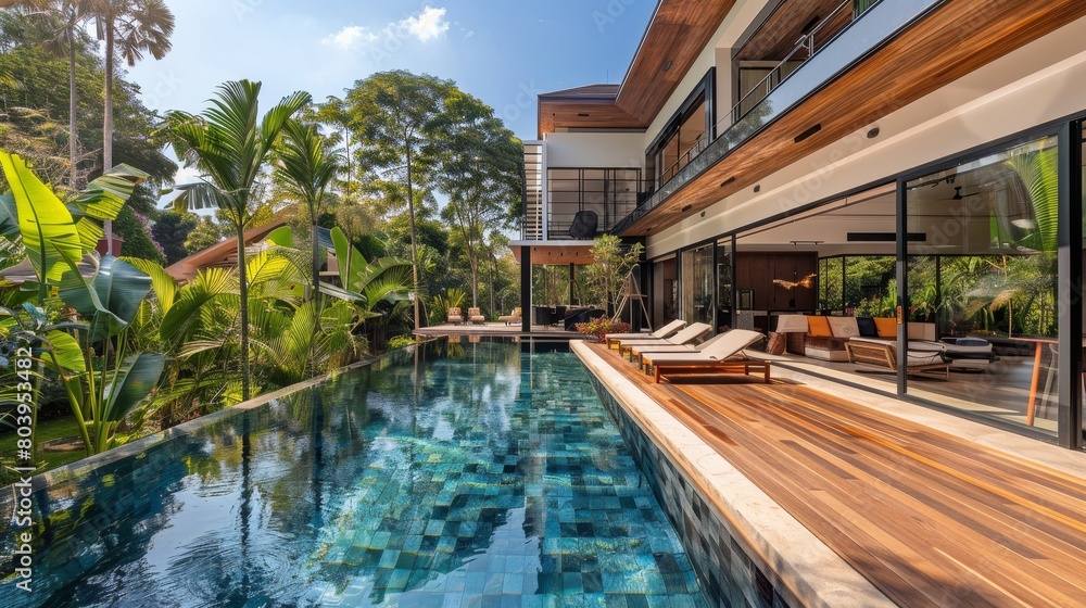 Luxury Home with Wooden Deck and Tropical Garden View. 