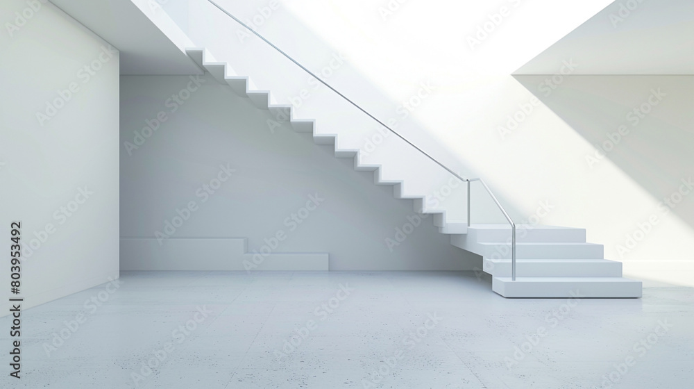 A minimalist staircase with white steps and a single steel handrail, located in a stark, artistically lit gallery space. A minimalist staircase with white steps and a single steel handrail, located in a stark, artistically lit gallery space.