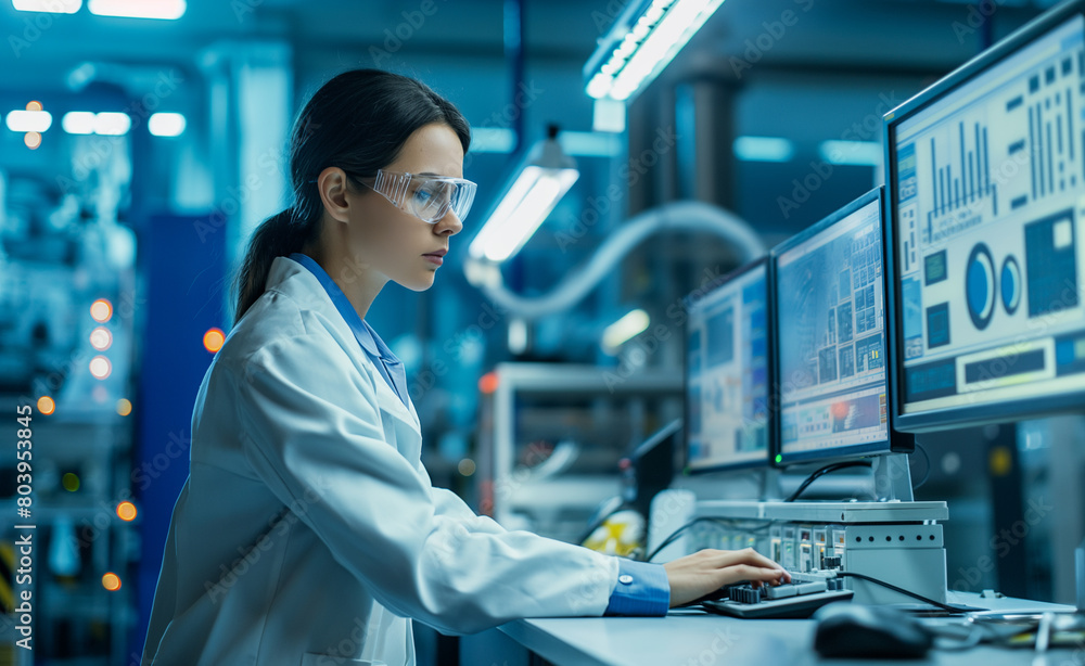 Female Engineer Overseeing Next-Gen Machinery in Electronic Manufacturing Facility Female Engineer Overseeing Next-Gen Machinery in Electronic Manufacturing Facility