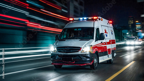 Motion blur medical ambulance vehicle speeding on the way for accident or health care emergency services concept.