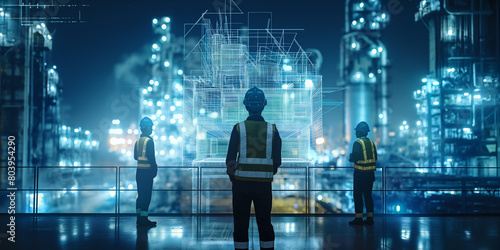 Futuristic technology concept: Team of engineers and professional Workers in heavy industry manufacturing factory that is digitalized with graphics into digital twin of industry