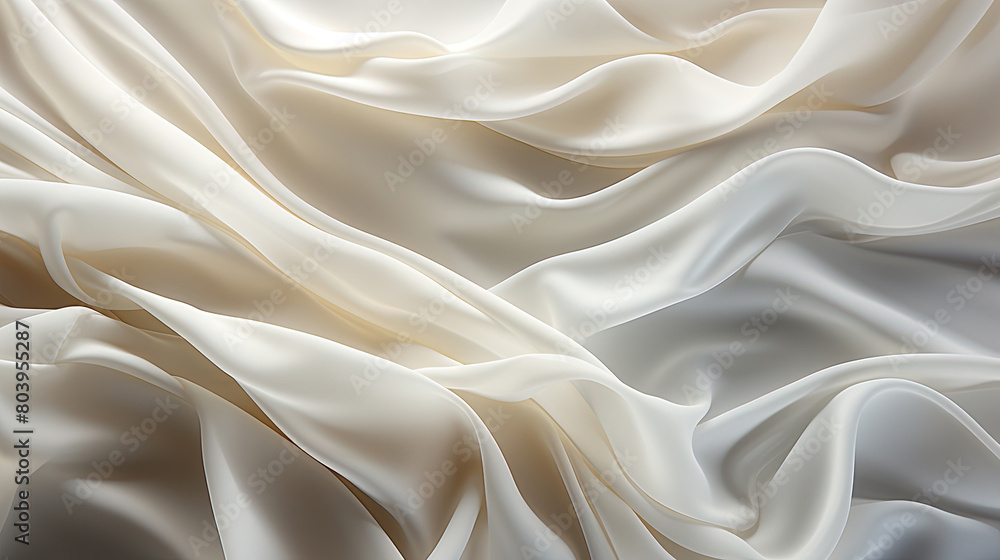 Fototapeta premium Contemporary Fluttering White Color Silk Fabric in Space With Delicate Folds on Bokeh Background