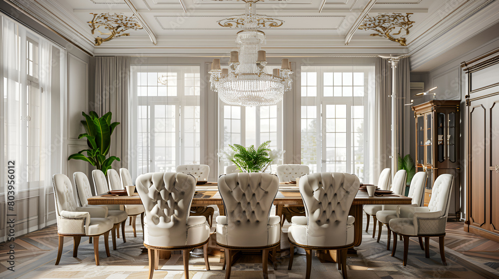 Title: The interior design of classic dining room in luxury mansion with nature view,Luxury classic interior of dining room, kitchen and living room with white and brown furniture and metal chandelie

