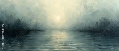 Tranquil painting of a sunrise over a misty river, evoking peace with soft, diffused light and gentle reflections.