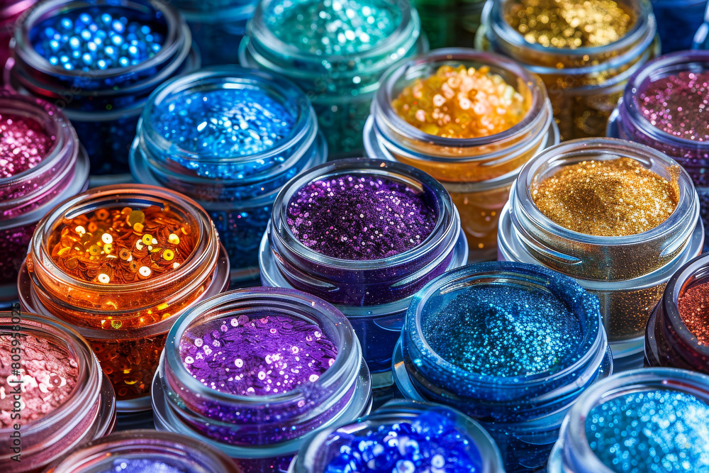 A collection of colorful jars filled with glitter A collection of colorful jars filled with glitter