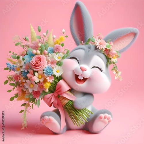 Cheerful cartoon rabbit with a large bouquet of flowers. 