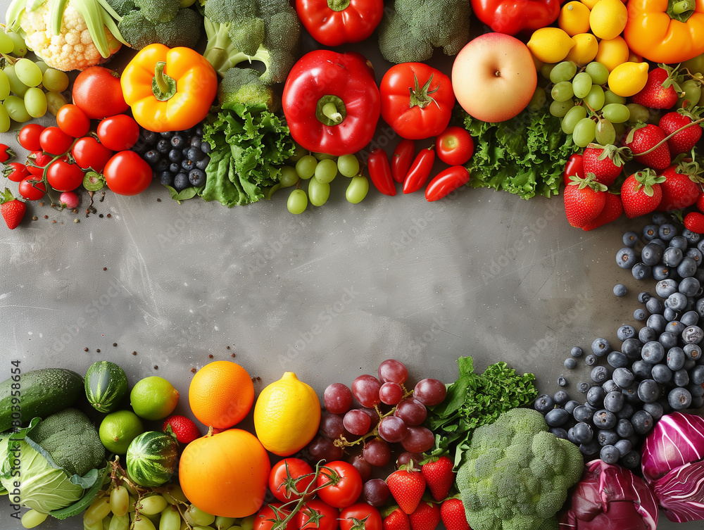 colorful fruits and vegetables, including a variety of tomatoes, berries, and greens, arranged on a grey surface, showcasing a healthy rainbow assortment of organic nutrition, ai colorful fruits and vegetables, including a variety of tomatoes, berries, and greens, arranged on a grey surface, showcasing a healthy rainbow assortment of organic nutrition, ai