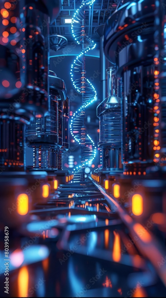 Capture a mesmerizing worms-eye view of a futuristic biotech laboratory Capture a mesmerizing worms-eye view of a futuristic biotech laboratory