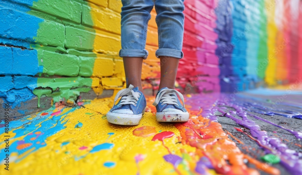 Fototapeta premium Young Black Girl Expressing Hope and Acceptance Through Rainbow Drawing - Inclusive Education Concept,International Children's Day