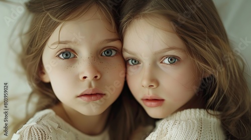 two young girls with long brown hair and blue eyes. They are wearing white sweaters and looking at the camera.