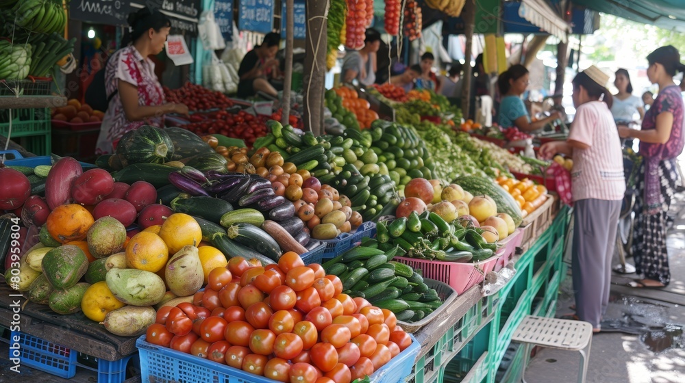 Colorful selection of fresh fruits and vegetables on display at the vibrant farmers market