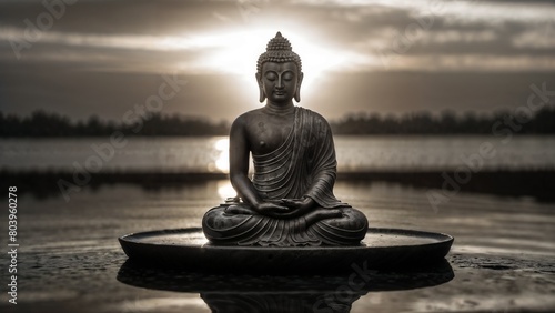 Buddha statue in a meditating stance on a flat, mirror-like surface with a stunning sun behind  photo