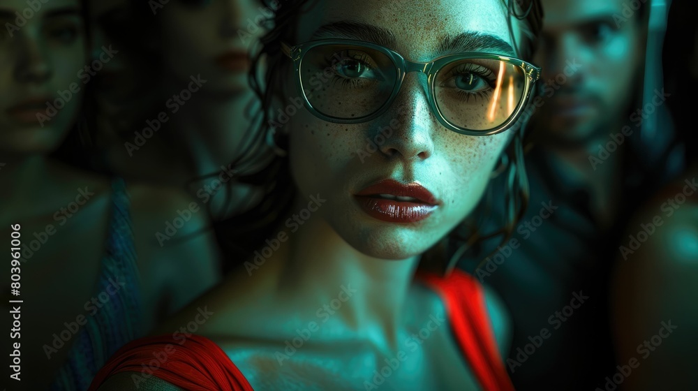 A pensive young woman stands out in a crowd her glasses reflecting a mysterious glow A pensive young woman stands out in a crowd her glasses reflecting a mysterious glow