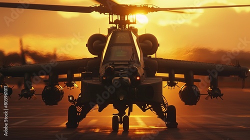 An up-close perspective of the Apache's front, the setting sun glinting off its angular surfaces and weaponry, highlighting the lethal combination of technology and firepower it possesses. photo