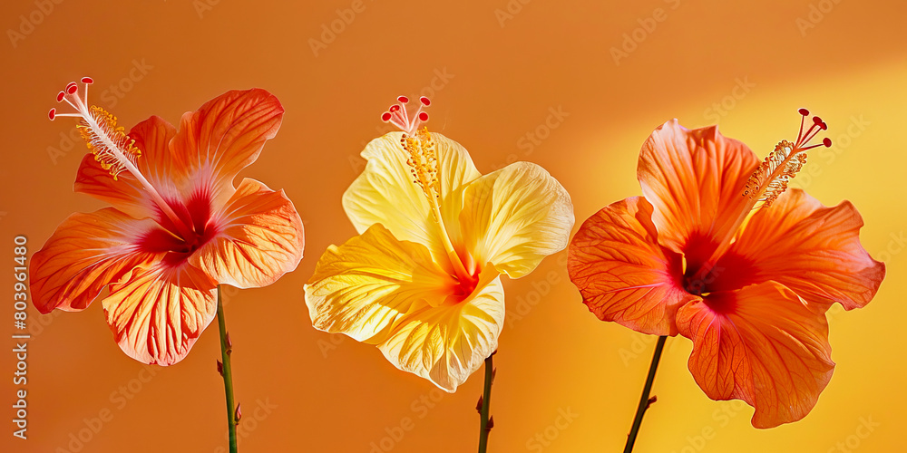 Three orange and yellow flowers are arranged in a row Three orange and yellow flowers are arranged in a row