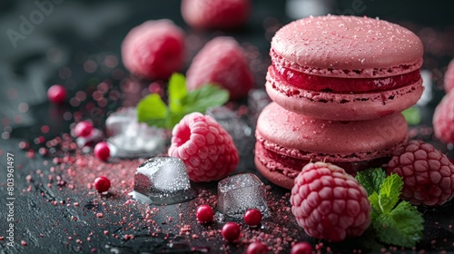 pink french macaroons with raspberries - studio food photography
