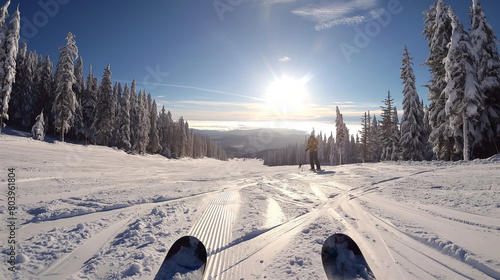 first person perspective of skier in the mountains