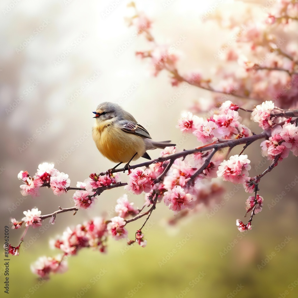 bird sing on the branches of a tree with spring flowers. sunlight. bird sing on the branches of a tree with spring flowers. sunlight.