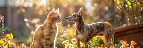 Playful Interaction Between Cat and Dog in Sunny Garden photo