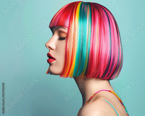 Beautiful woman with colorful hair, bob hairstyle,