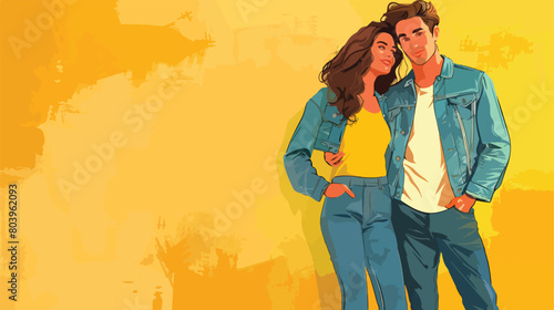 Stylish young couple in jeans clothes on yellow background